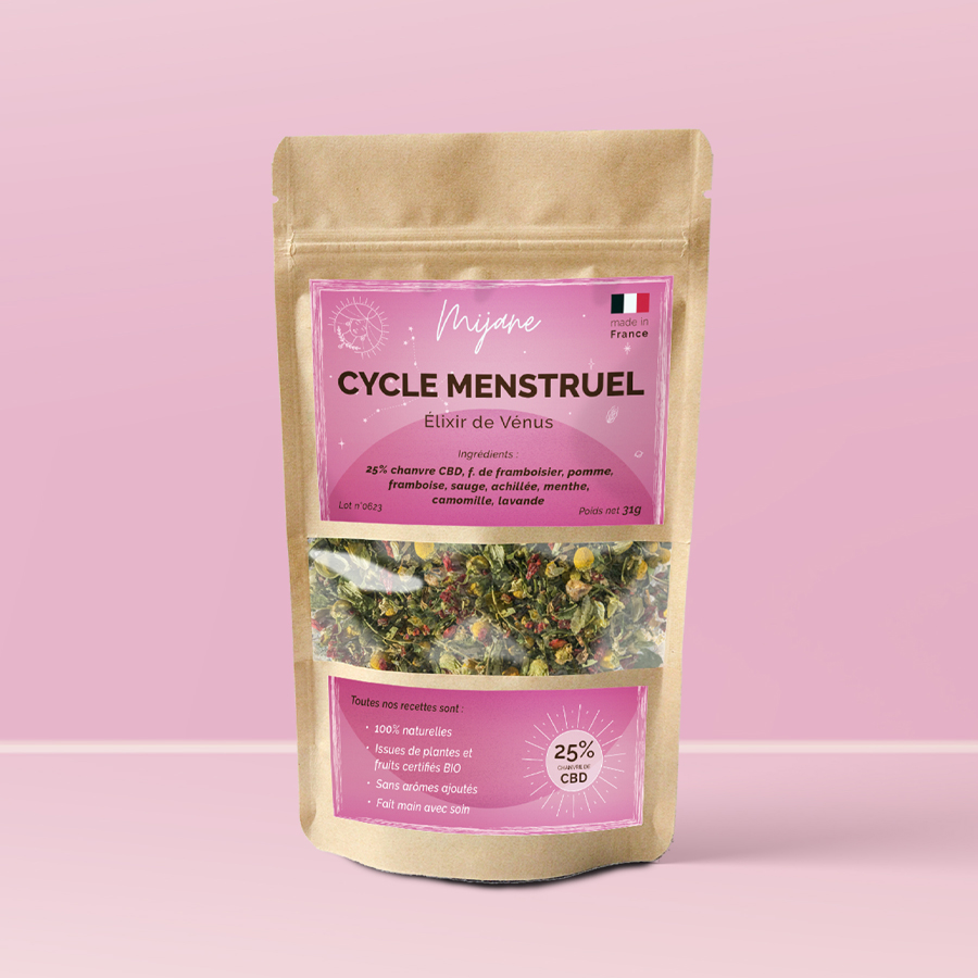 paquet de 31g de Tisane CBD Cycle menstruel Regles douloureuses Mijane elixir de venus